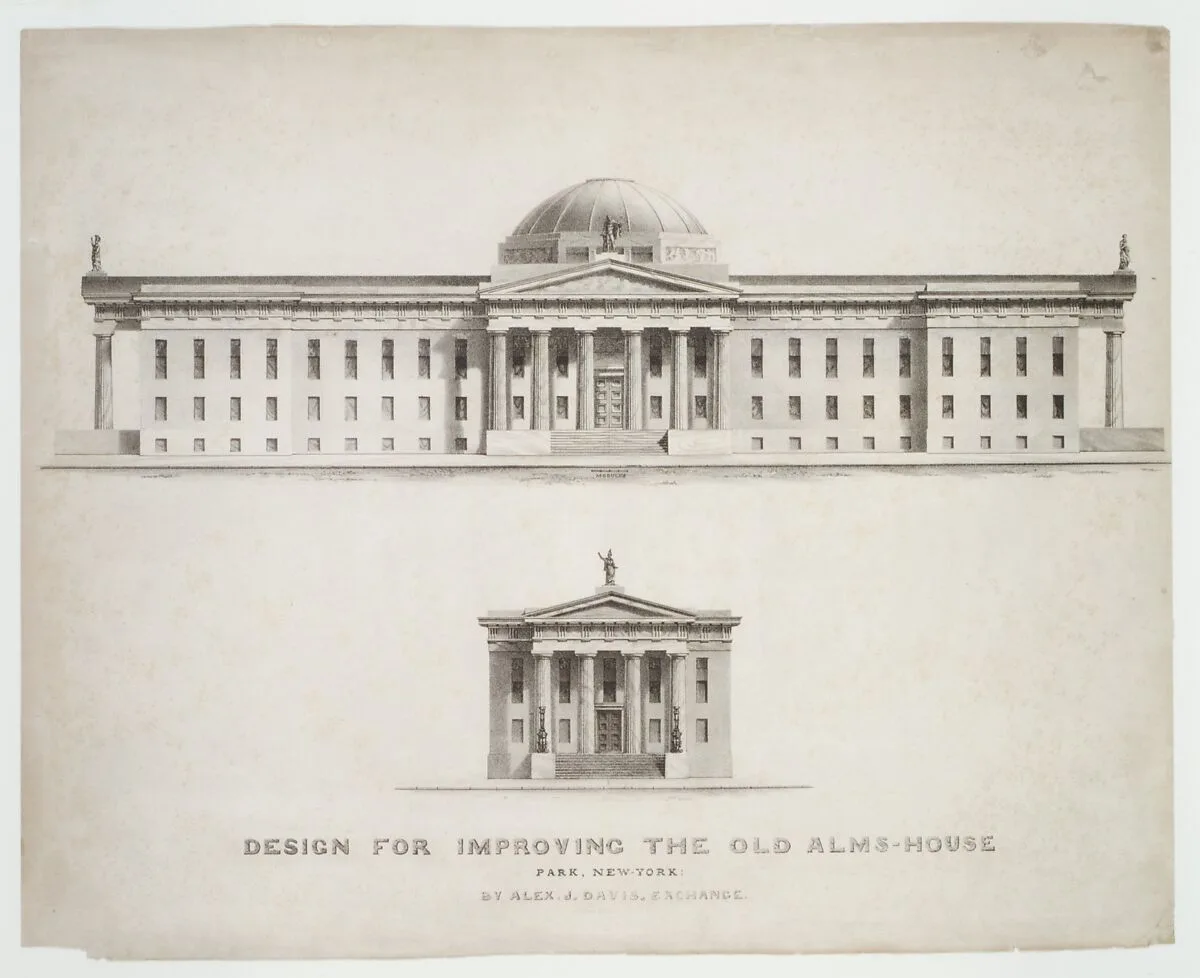 Design for Improving the Old Alm's-House, North Side of City Hall Park, Facing Chambers Street, New York — Alexander Jackson Davis|Anthony Imbert
