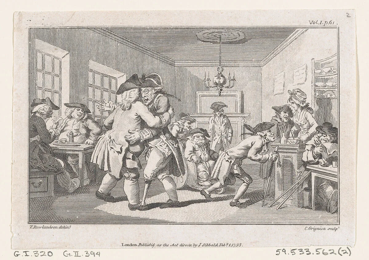 Men Dancing in a Coffee House, an illustration from Tobias Smollett's "The Expedition of Humphry Clinker" (London, 1793), Vol. 1 — James Sibbald|Thomas Rowlandson|Charles Grignion, I