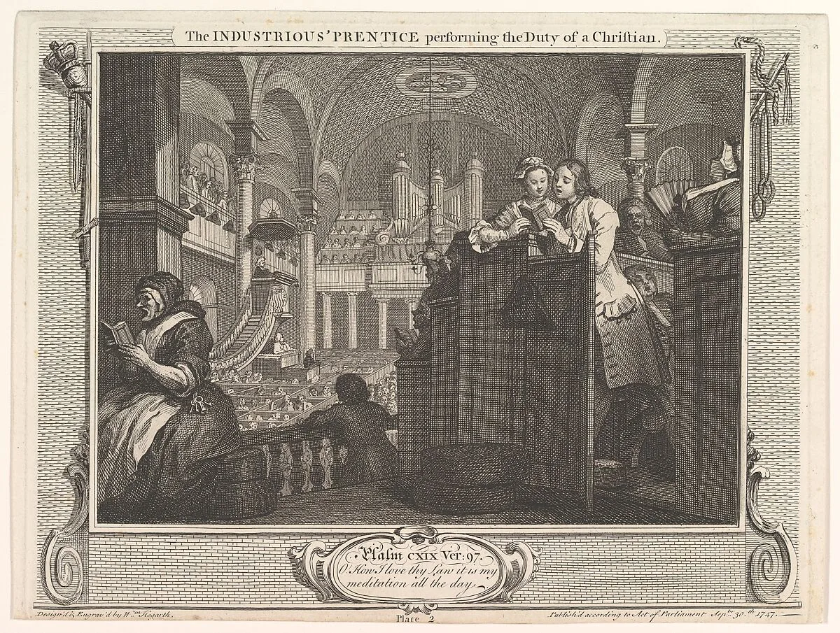 The Industrious 'Prentice Performing the Duty of a Christian (Industry and Idleness, plate 2) — William Hogarth