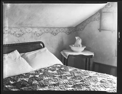 [Bedroom Interior with Water Jug and Bowl on Table, Near Copake, New York]