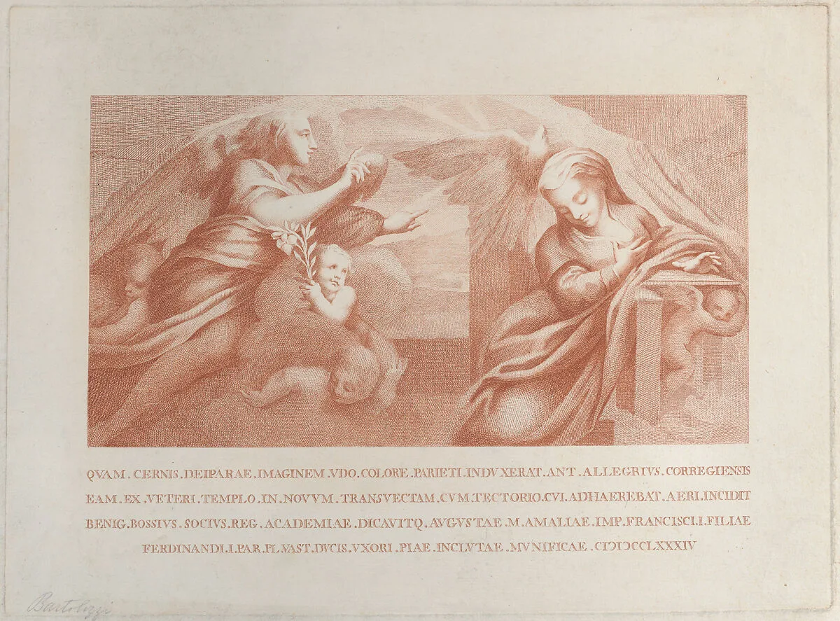 The Annunciation, with Gabriel at left and the Virgin at right — Benigno Bossi|Correggio (Antonio Allegri)