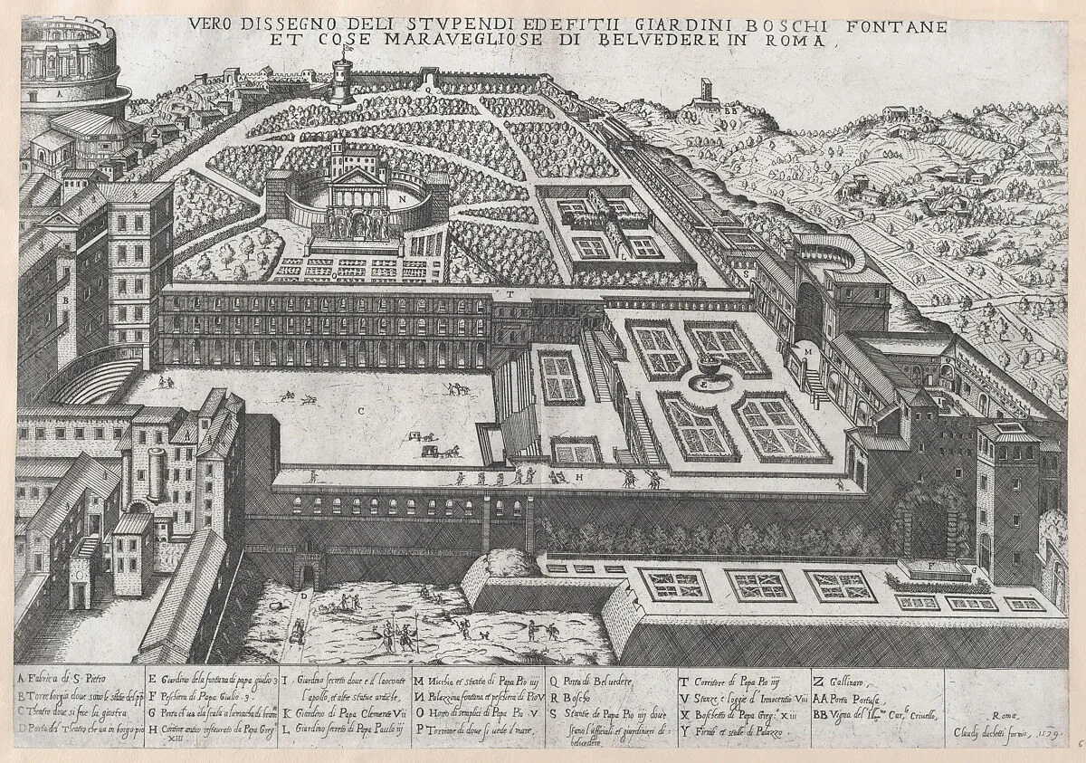 Speculum Romanae Magnificentiae: Aerial View of the Belvedere and its Gardens — Claudio Duchetti|Giovanni Ambrogio Brambilla