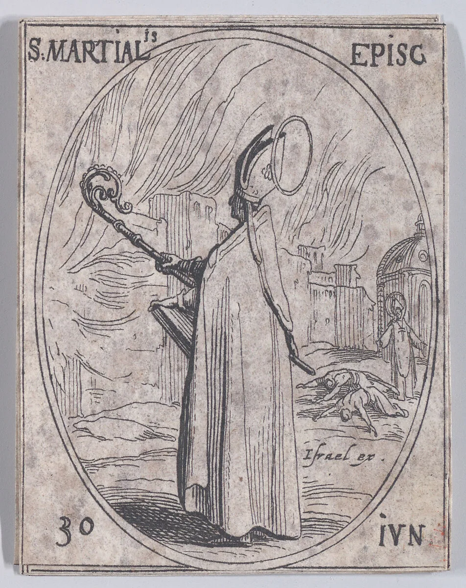S. Martial, évêque (St. Martial, Bishop), June 30th, from "Les Images De Tous Les Saincts et Saintes de L'Année" (Images of All of the Saints and Religious Events of the Year) — Israël Henriet|Jacques Callot