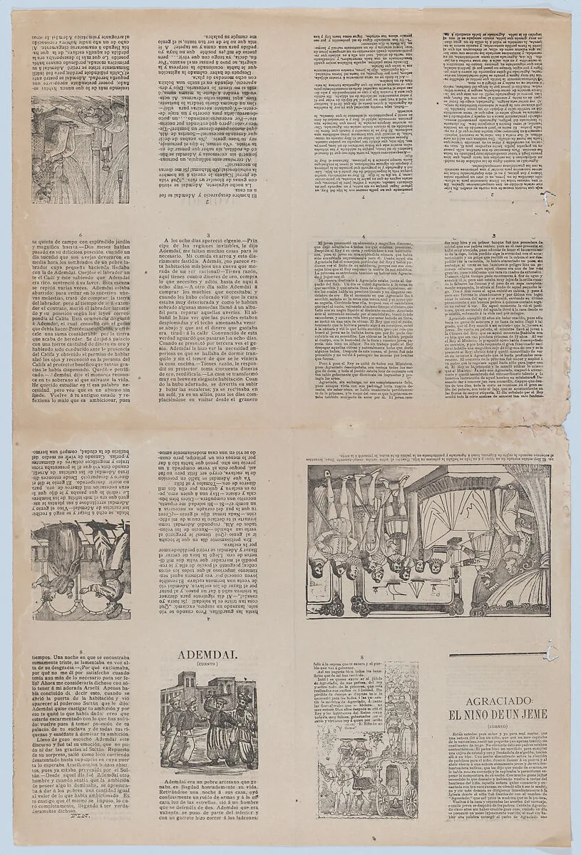 An uncut sheet printed on both sides with pages from 'Ademdai' and 'Agraciado: El niño de un jeme' — José Guadalupe Posada|Antonio Vanegas Arroyo