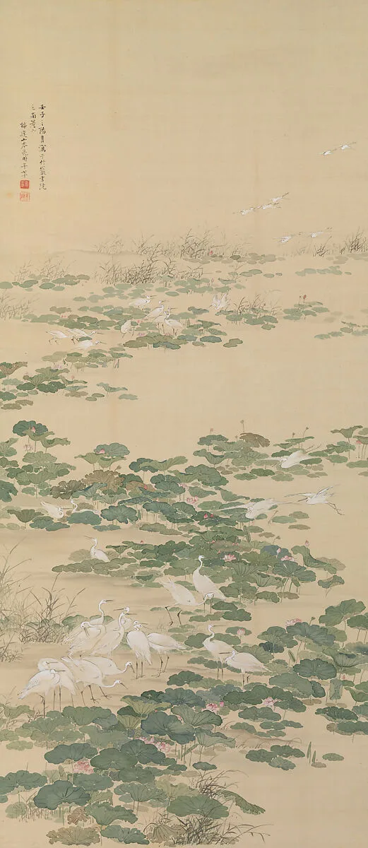 山本梅逸筆 蓮池白鷺図|Egrets in a Lotus Pond — Yamamoto Baiitsu