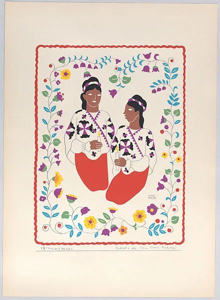 Plate 18: two Huasteca women from the state of San Luis Potosí, from 'Trajes regionales mexicanos' (regional Mexican dress) — Editorial Atlante|Carlos Mérida