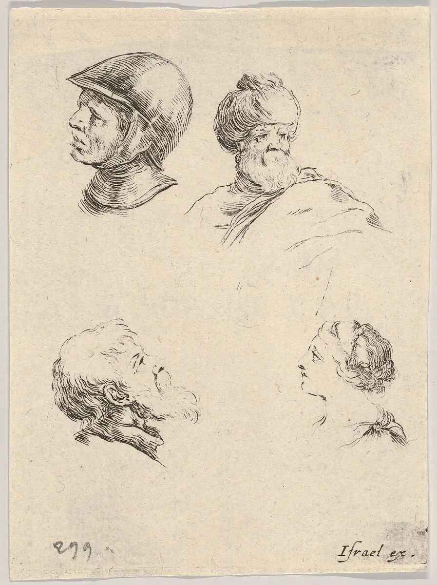 Plate 8: four small heads, a soldier at upper left, a Turk with a turban and beard at upper right, a bearded man in profile at bottom left, a young woman in profile at bottom right, from 'The Book for Learning to Draw' (Livre pour apprendre à dessiner) — Stefano della Bella|Israël Henriet