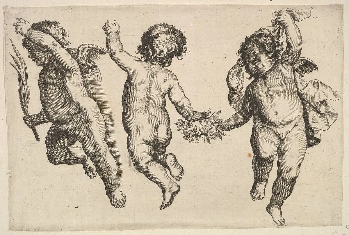 Two cherubs dancing with a small boy, not by Hollar — Wenceslaus Hollar|Pieter van Avont