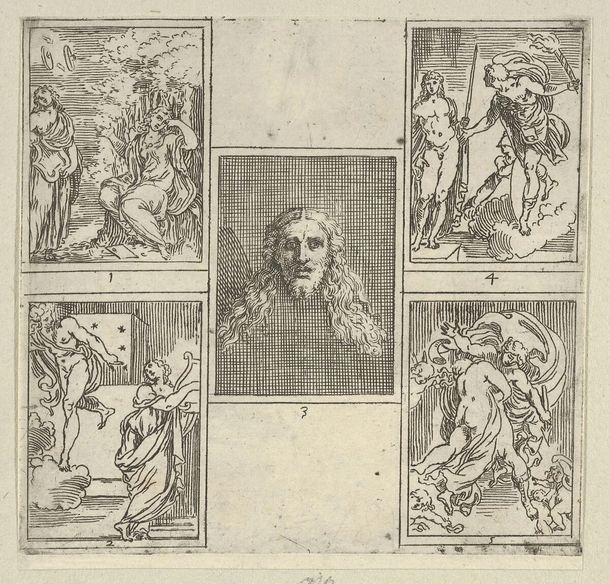 Five numbered scenes, each after a painter in the Accademia Degl'Incamminati, from IL FUNERALE D'AGOSTINO CARRACCIO FATTO IN BOLOGNA SUA PATRIA DAGL'INCAMINATI Academici del Disegno: 1. Painting and Poetry mourning the death of Agostino Carracci, painted by Francesco Brizio; 2. Painting with a lyre and Apollo pointing to stars on Carracci's grave, design by Giacomo Cavedone; 3. The head of Christ, painted by Agostino Carracci; 4. Prometheus with a torch and Athena behind him, painted by Alessandro Albini; 5. Aurora abducting Cephalus, painted by Leonello Spada. — Guido Reni|Agostino Carracci|Alessandro Albini|Leonello Spada|Francesco Brizio|Giacomo Cavedone