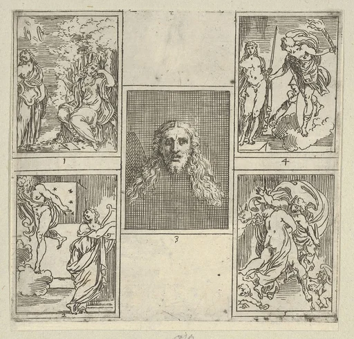 Five numbered scenes, each after a painter in the Accademia Degl'Incamminati, from IL FUNERALE D'AGOSTINO CARRACCIO FATTO IN BOLOGNA SUA PATRIA DAGL'INCAMINATI Academici del Disegno: 1. Painting and Poetry mourning the death of Agostino Carracci, painted by Francesco Brizio; 2. Painting with a lyre and Apollo pointing to stars on Carracci's grave, design by Giacomo Cavedone; 3. The head of Christ, painted by Agostino Carracci; 4. Prometheus with a torch and Athena behind him, painted by Alessandro Albini; 5. Aurora abducting Cephalus, painted by Leonello Spada.