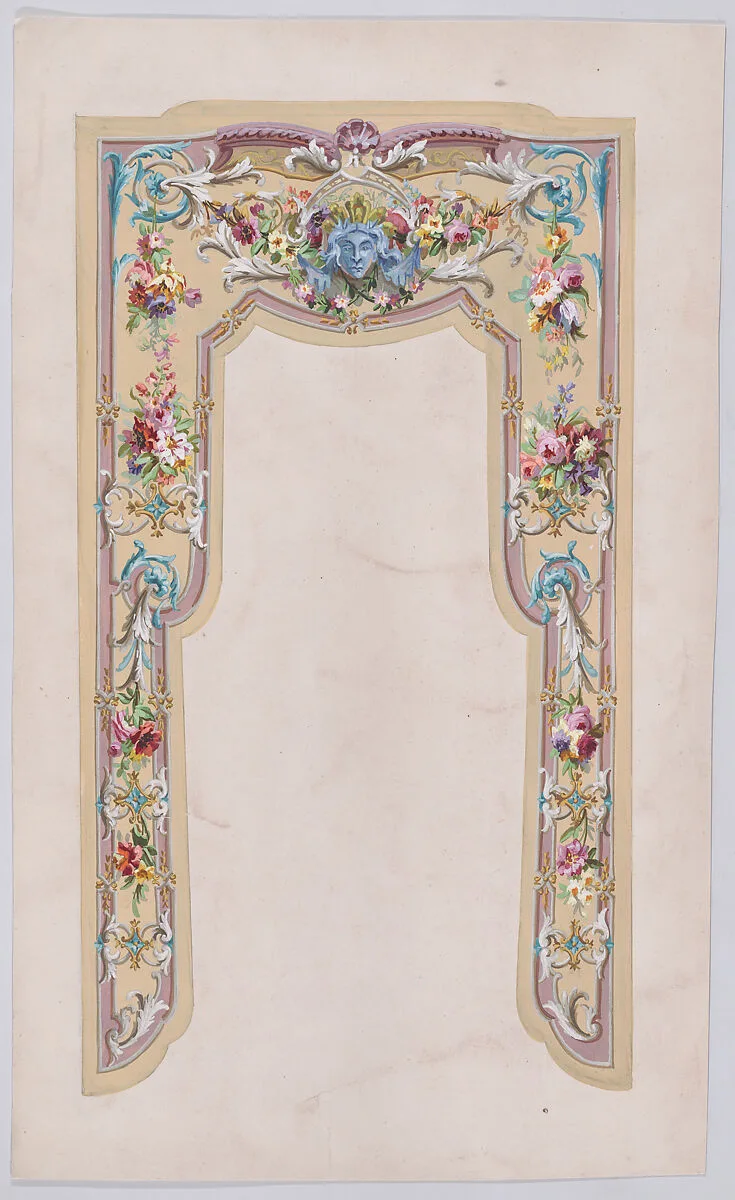 Design for a Valance with a Grotesque Motif and Thin Garlands of Flowers and Leaves with a Scrolling Frame — Anonymous, French, 19th century