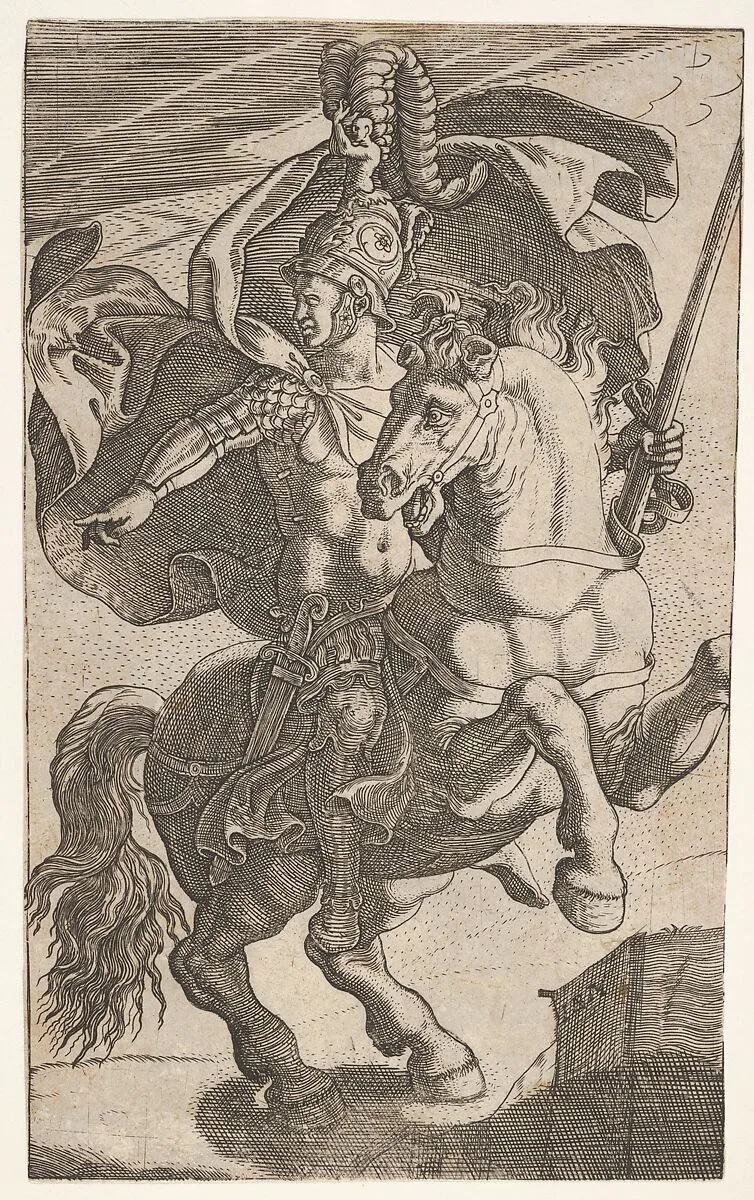 Soldier riding a rearing horse and wearing feathered helmet, cuirass, pteruges, and greaves, the soldier looks and points to his right — Giovanni Battista Scultori