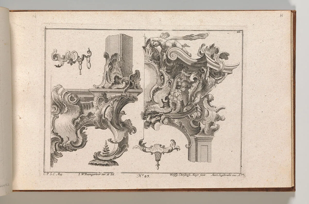 Suggestion for the Decoration of Lower Right and Top Right of an Altar Frame, Plate 1 from an Untitled Series with Rocailles Ornaments for Altar and Door Frames — Johann Wolfgang Baumgartner|Martin Engelbrecht|Wolffgang Christoph Mayr