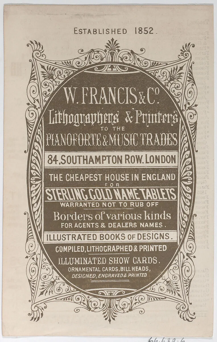 Trade Card for W. Francis & Co., Lithographers and Printers — Anonymous, British, 19th century