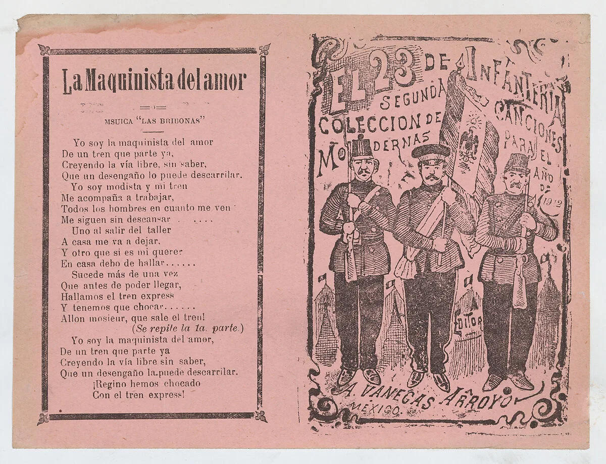 Cover for 'El 23 de Infanteria', three infantry soldiers standing in a line holding rifles and a flag — Antonio Vanegas Arroyo|José Guadalupe Posada
