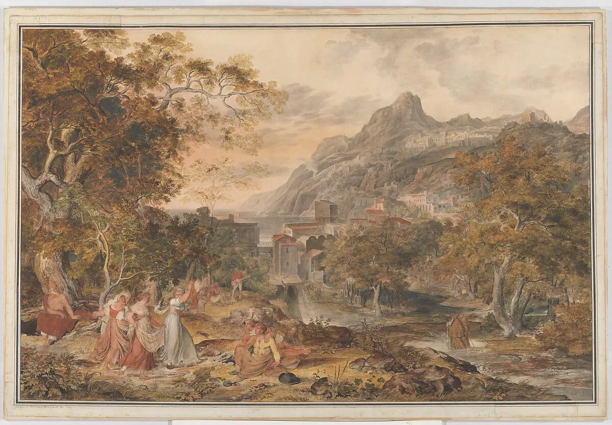 View of Vietri with Young Country Women Dancing for Shepherds in the Foreground — Joseph Anton Koch