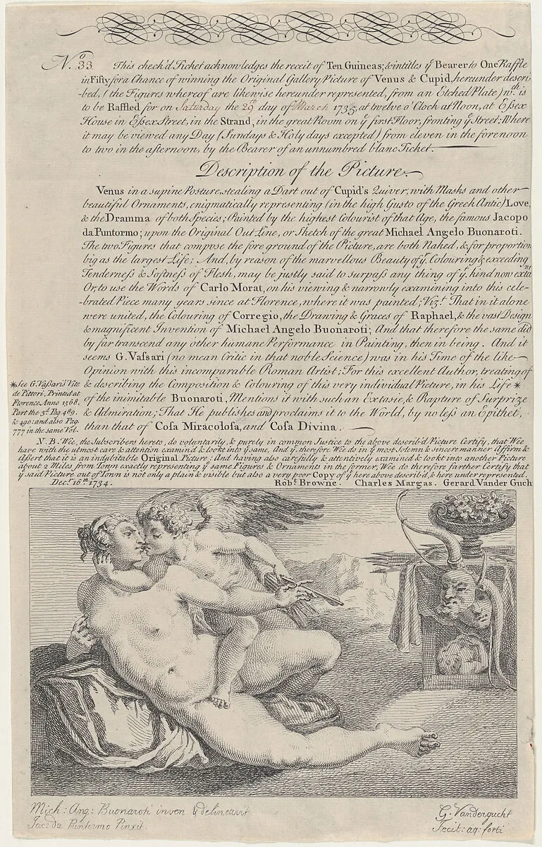 Raffle Ticket for the Painting of Venus and Cupid after Michelangelo — Giorgio Vasari|Gerard Vandergucht|Michelangelo Buonarroti|Jacopo da Pontormo (Jacopo Carucci)