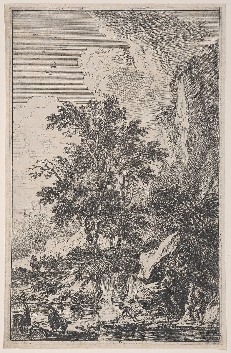 Plate 3: two goats on a lakeshore, two male figures and a dog at right, another peasant approaching with a mule at left in the background, from 'Landscapes in the manner of Salvator Rosa' (Die Landschaften in Sal. Rosa's) — Franz Joachim Beich