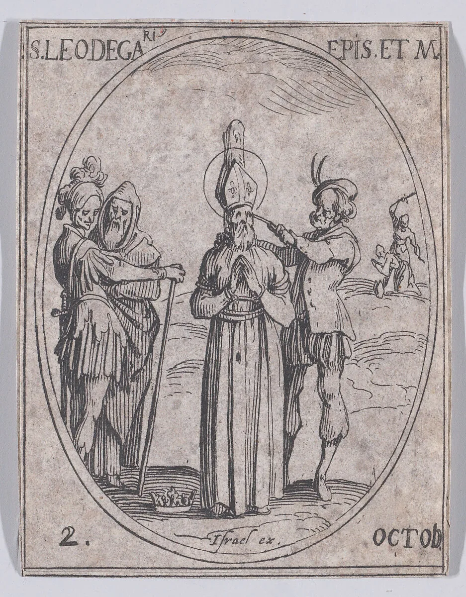 S. Léger, évêque et martyr (St. Leger, Bishop and Martyr), October 2nd, from "Les Images De Tous Les Saincts et Saintes de L'Année" (Images of All of the Saints and Religious Events of the Year) — Jacques Callot|Israël Henriet