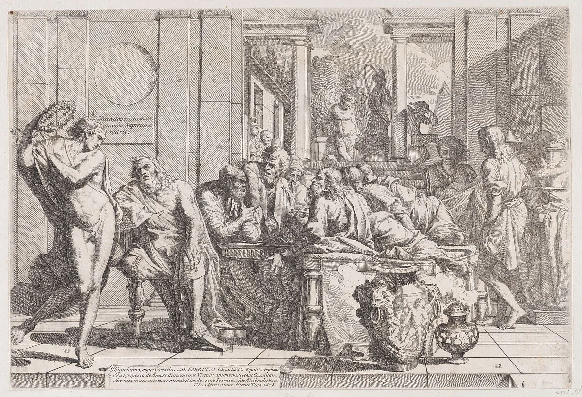 Plato's symposium: Socrates and his companions seated around a table discussing ideal love interruputed by Acibiades at left — Pietro Testa