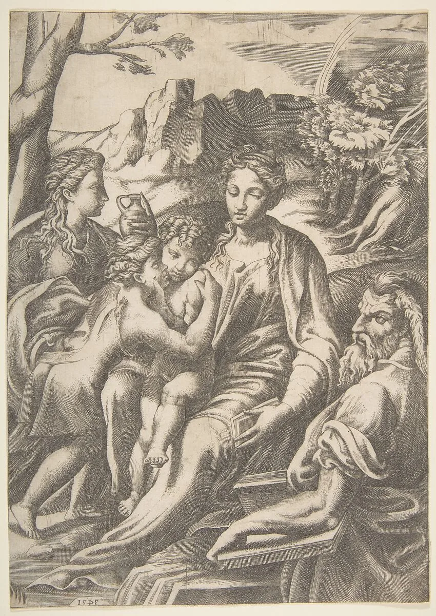The Holy Family with Mary Magdalene and John the Baptist who embraces Christ — Giulio Bonasone|Parmigianino (Girolamo Francesco Maria Mazzola)