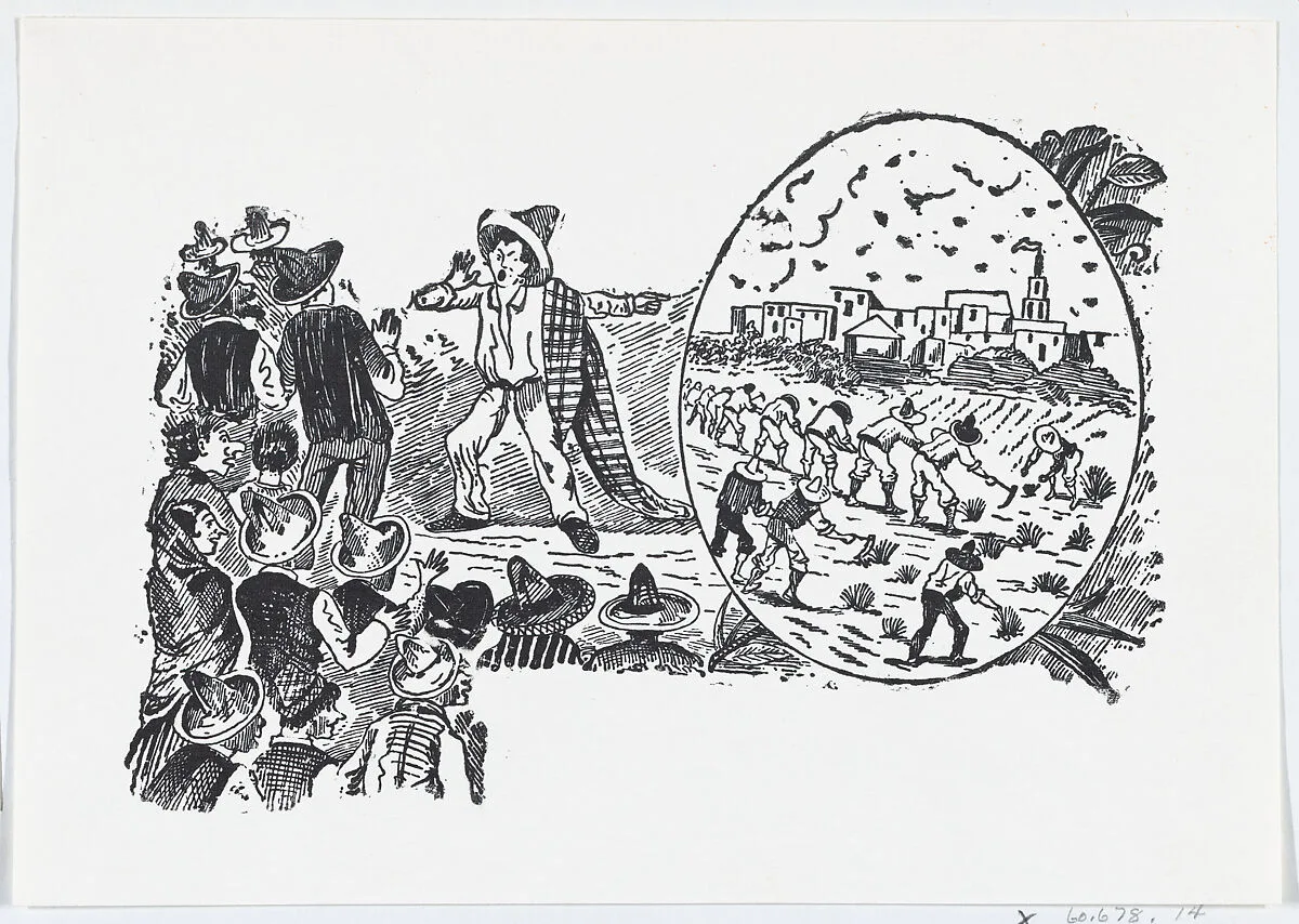 A man warning townspeople about what could happen to them from a broadside entitled 'Deportados a las Islas Marias' — José Sanchez|José Guadalupe Posada