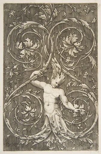 Grotesque with male figure with lower body and head of acanthus scrolls
