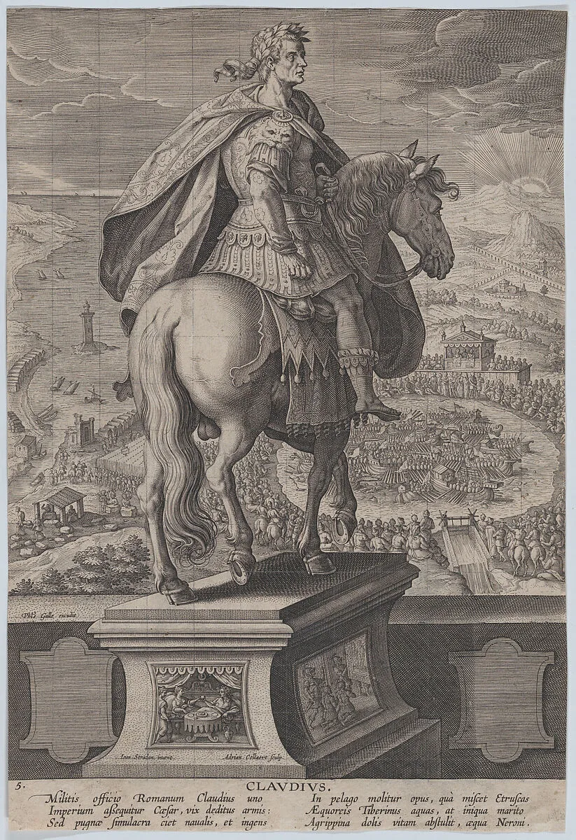 Plate 5: equestrian statue of Claudius, seen from behind, a naval competition at right in the background, from 'Roman Emperors on Horseback' — Adriaen Collaert|Jan van der Straet, called Stradanus|Philips Galle