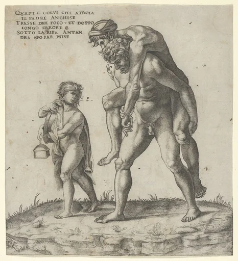 Aeneas rescuing Anchises, a young boy carrying a lantern at left