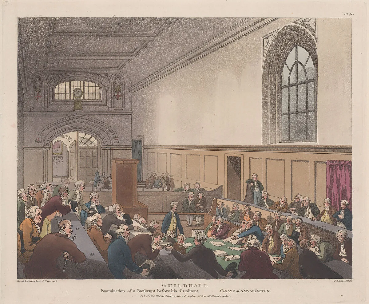 Guildhall, Examination of a Bankrupt before his Creditors — Auguste Charles Pugin|Thomas Rowlandson|John Bluck|Rudolph Ackermann, London