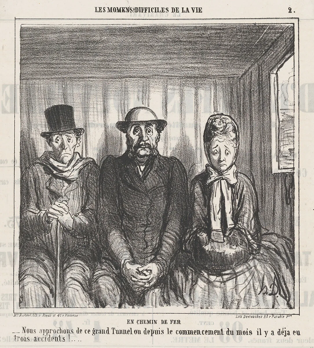 On the train, from 'The difficult moments of life,' published in Le Charivari, March 12, 1864 — Honoré Daumier|Aaron Martinet|Destouches