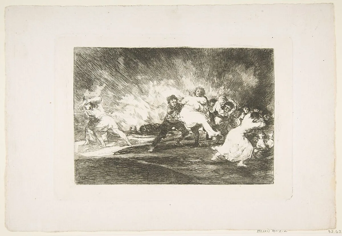 Plate 41 from "The Disasters of War" (Los Desastres de La Guerra): 'They escape through the flames' (Escapan entre las llamas) — Goya (Francisco de Goya y Lucientes)