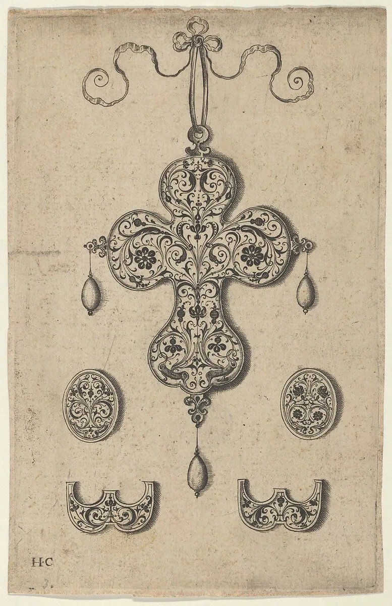 Design for the Verso of a Cross-Shaped Pendant Above a Pair of Oval Ornaments and Axe-Shaped Ornaments — Jan Collaert I|Hans Liefrinck