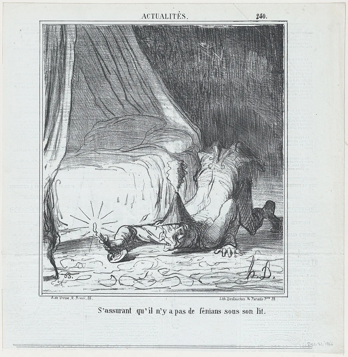 S'assurant qu'il n'y a pas de féniant sous son lit, from Actualités, published in Le Charivari, December 21, 1866 — Honoré Daumier|Destouches|Arnaud de Vresse