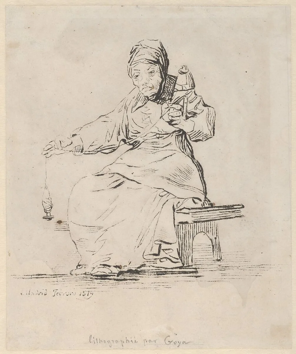 An old woman spinning, spindle in her right hand, distaff in her left — Goya (Francisco de Goya y Lucientes)