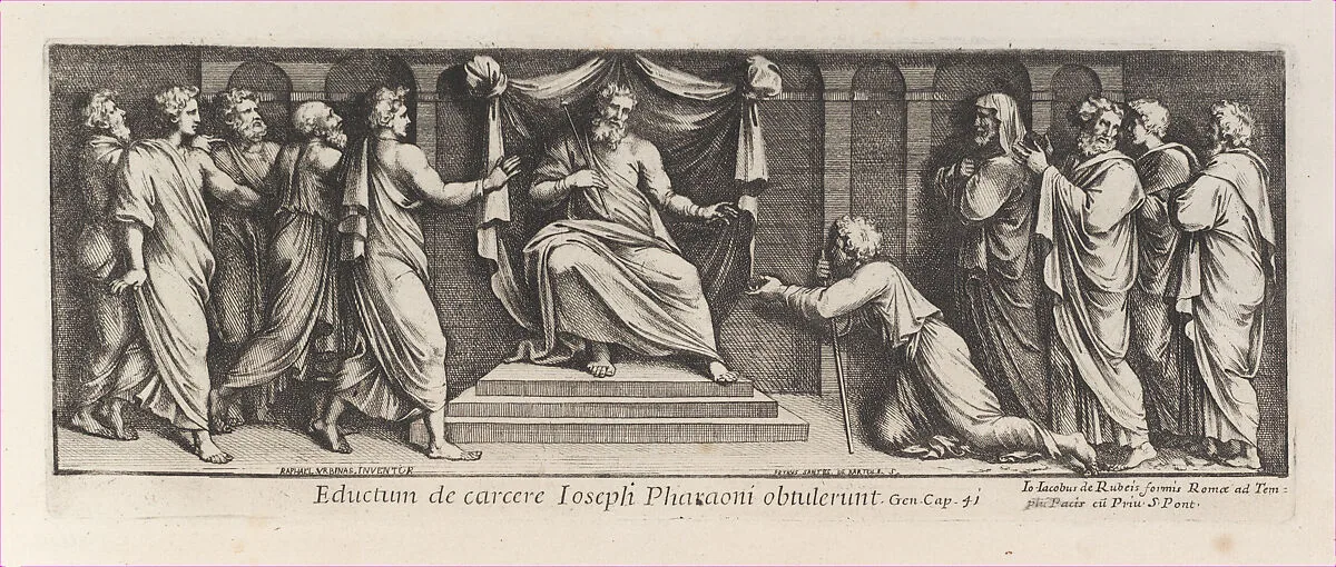 Joseph kneeling in front of the Pharoah, after Raphael's Stanza di Eliodoro, from a series of 15 plates, depicting Raphael's works for the Vatican stanze and the Sistine Chapel tapestries — Pietro Santi Bartoli|Raphael (Raffaello Sanzio or Santi)|Giovanni Giacomo De Rossi