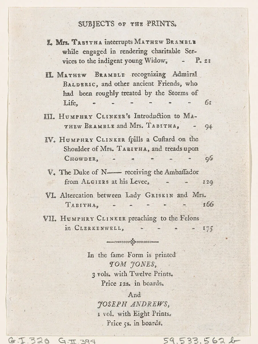List of Plates I-VII, from Tobias Smollett's "The Expedition of Humphry Clinker" (London, 1793), Vol. 1 — Thomas Rowlandson