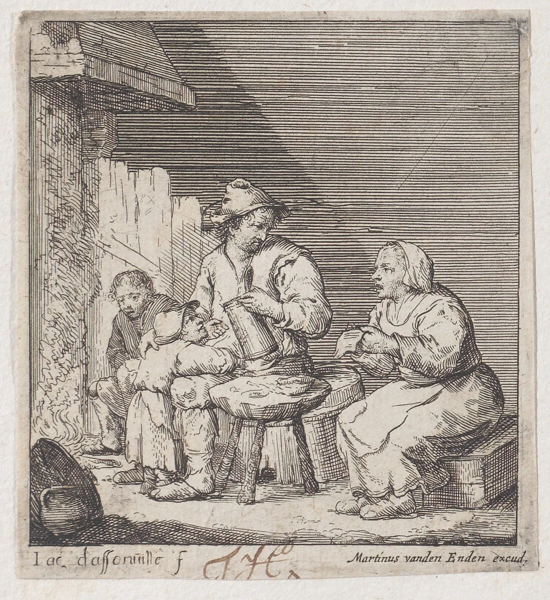 A family of four peasants gathered before the fireplace — Jacques Dassonville|Martinus van den Enden
