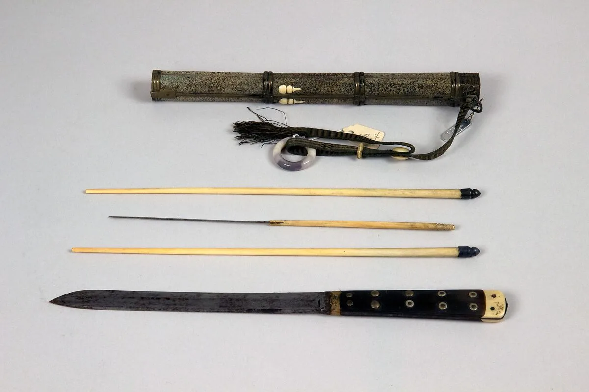 Knife with Sheath, Chopsticks, Pickle Spear and Toothpicks — Unknown