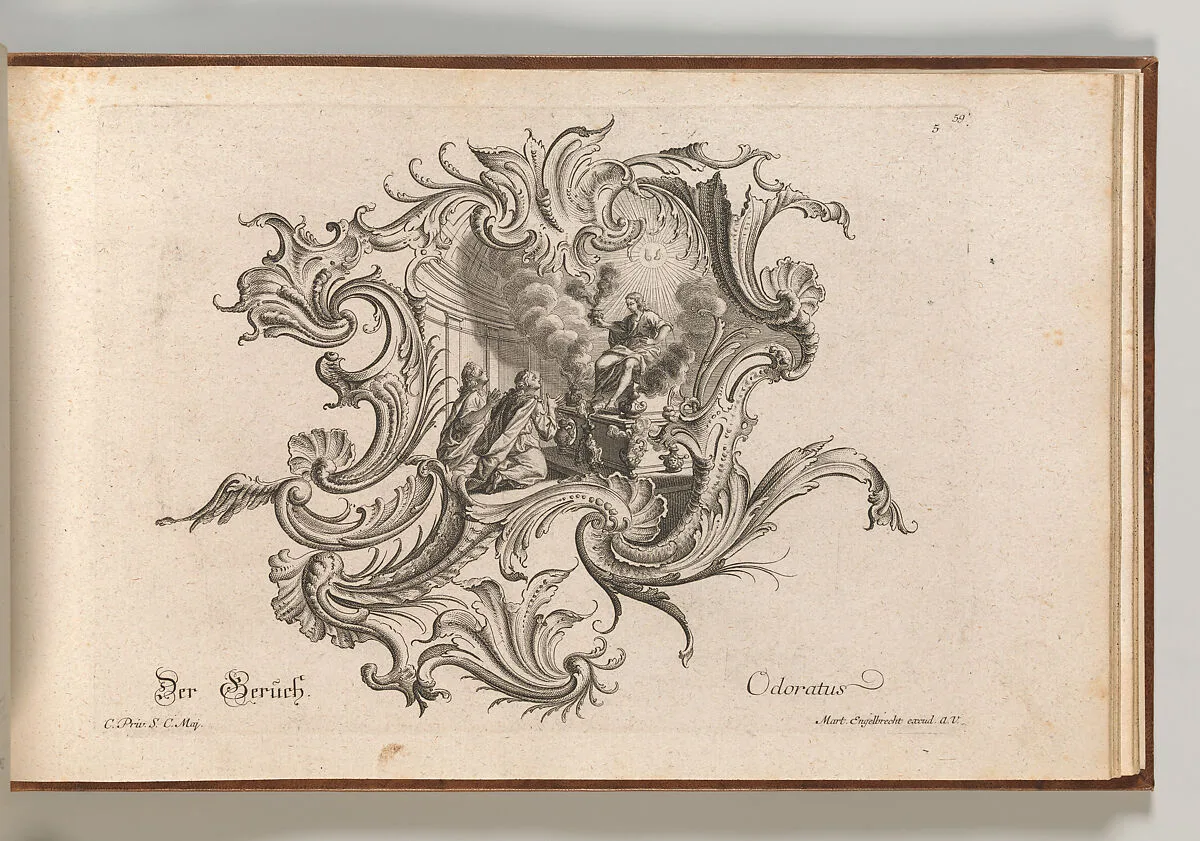 Design for a Cartouche and Representation of 'Smell', Plate 5 from 'Neu Inventierte auf die artigste Facon Sehr nutzliche Schild.' — Johann Georg Pintz|Martin Engelbrecht|Johannes Rumpp
