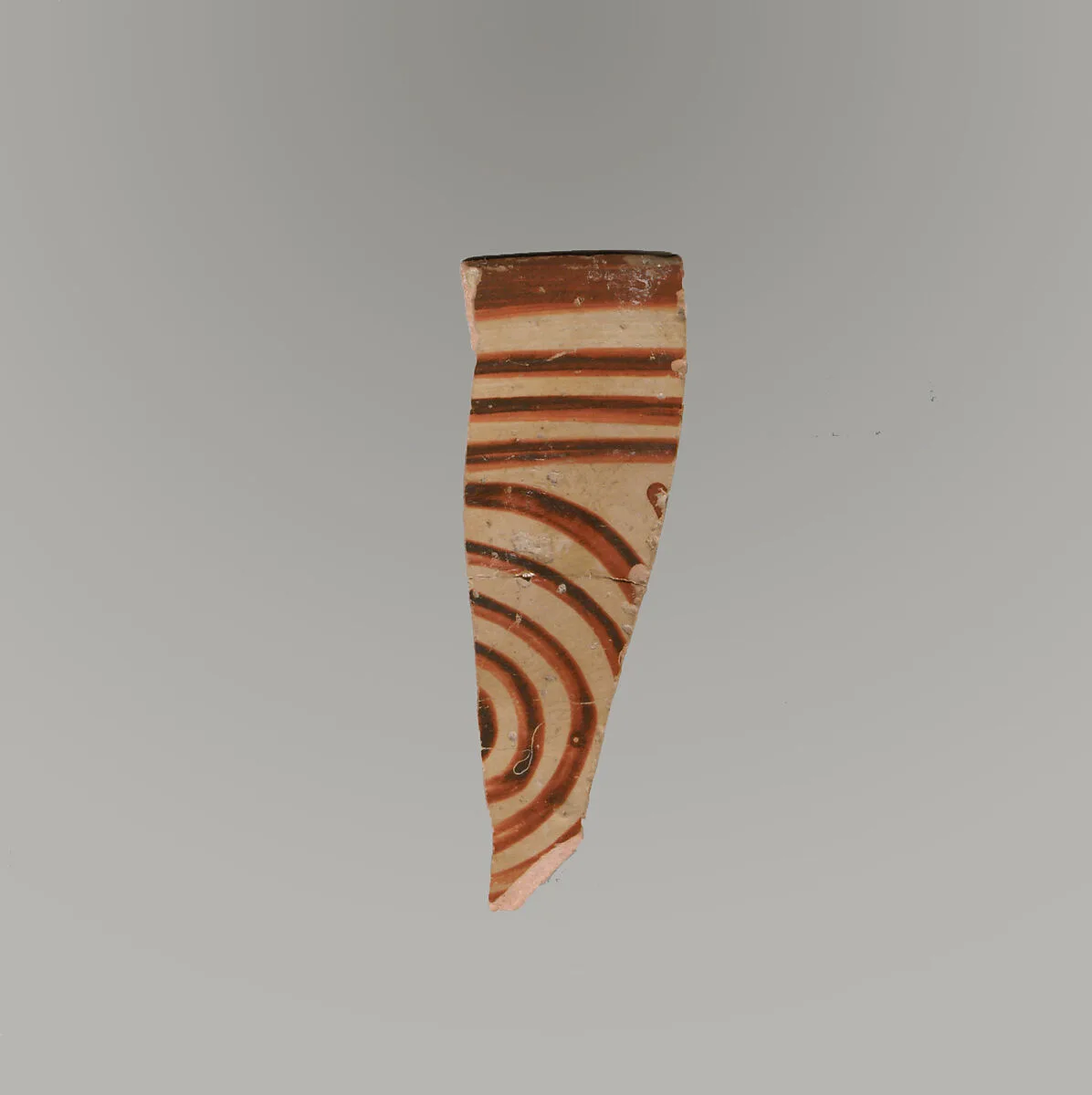 Terracotta rim and upper body fragment with concentric circles (or spiral?) and bands — Unknown