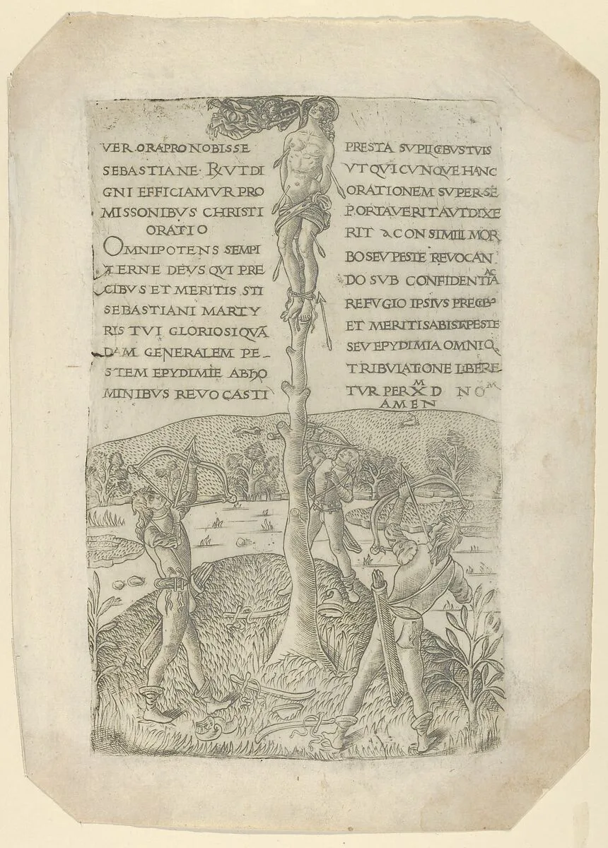 The Martyrdom of Saint Sebastian, with three archers — Anonymous, Italian, Florentine, 15th century
