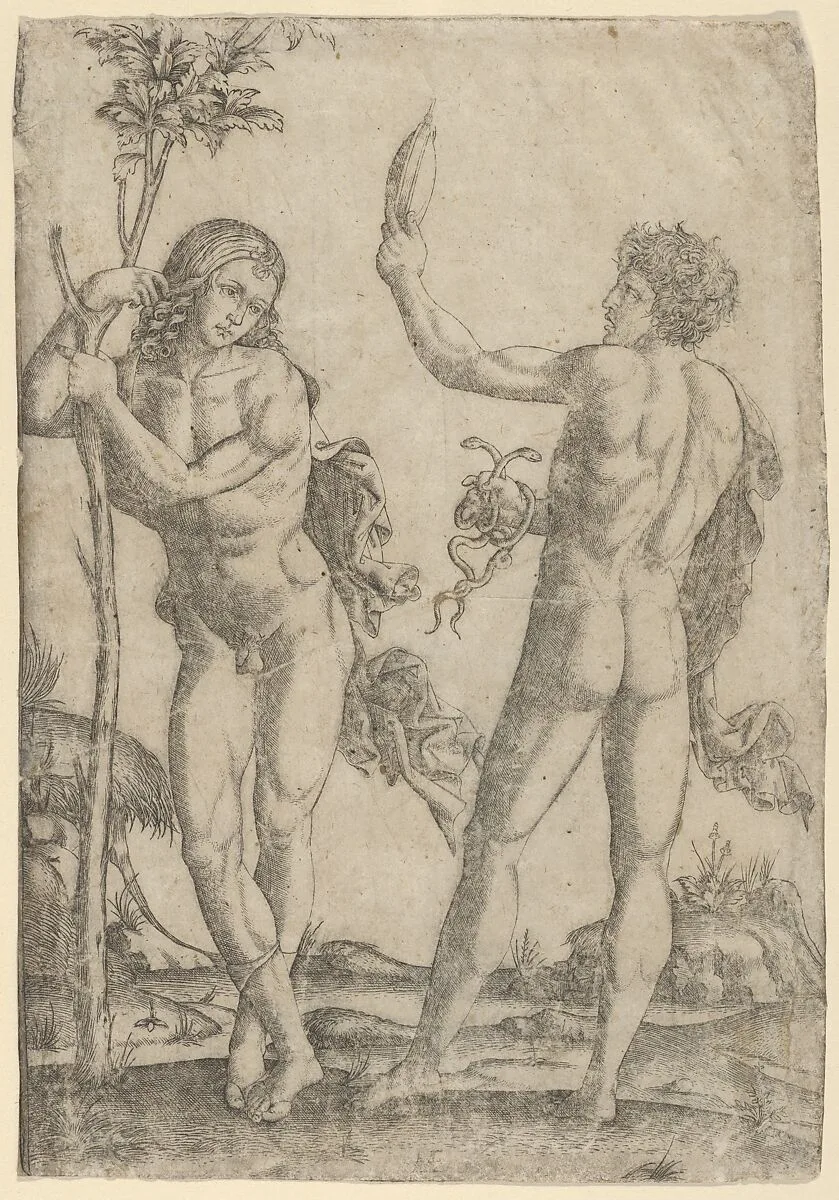 A young naked man standing at left leaning on the trunk, another seen from behind, holding two snakes in his right hand and a convex mirror in his raised left hand — Marcantonio Raimondi