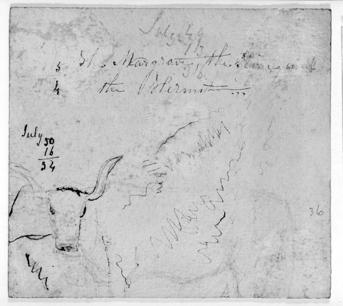 Mathmatical Computaions; Sketch of a Steer; Partial Unidentified Text (from Sketchbook) — James McNeill Whistler