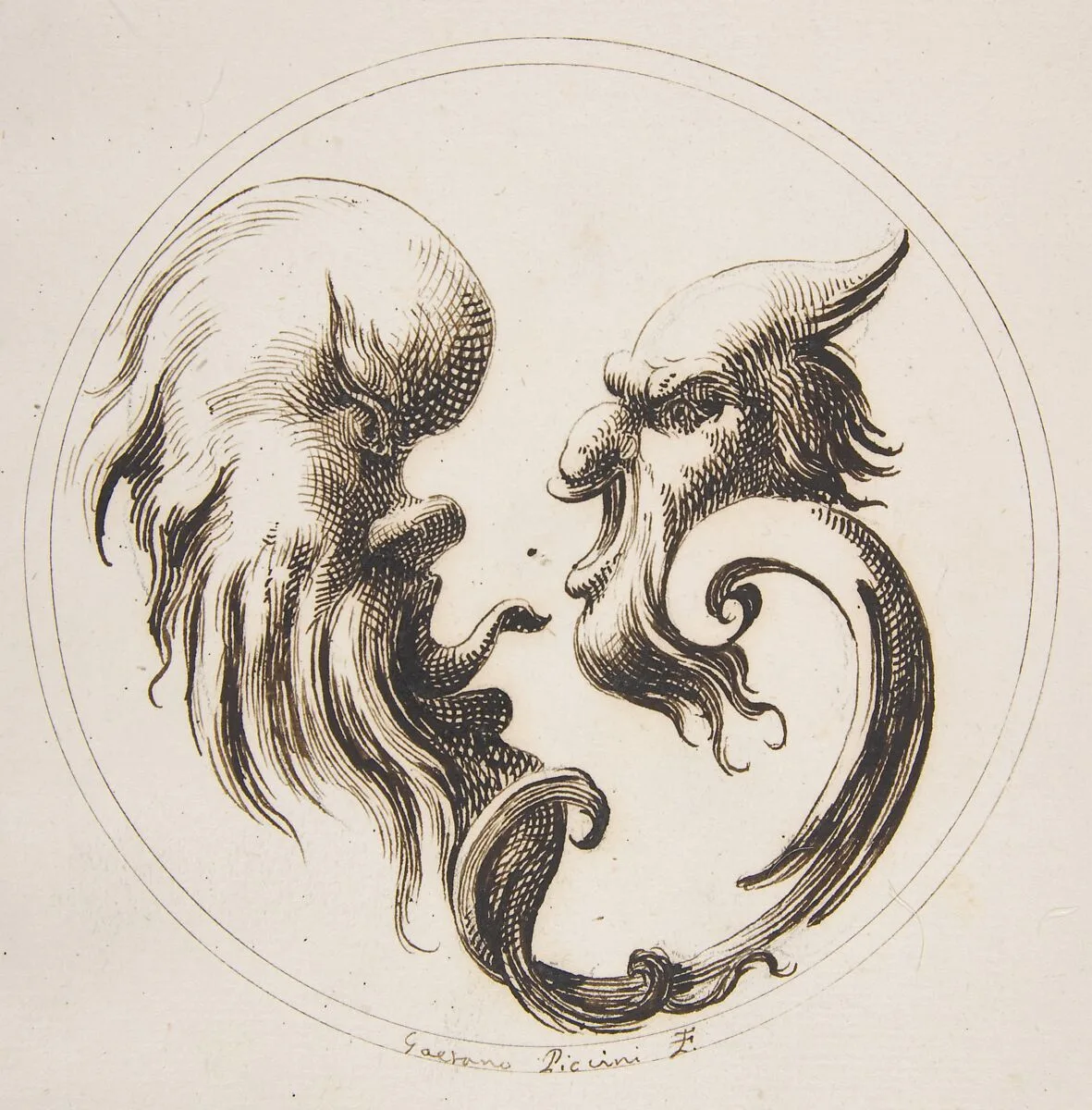 Two Grotesque Heads Facing One Another within a Circle — Gaetano Piccini