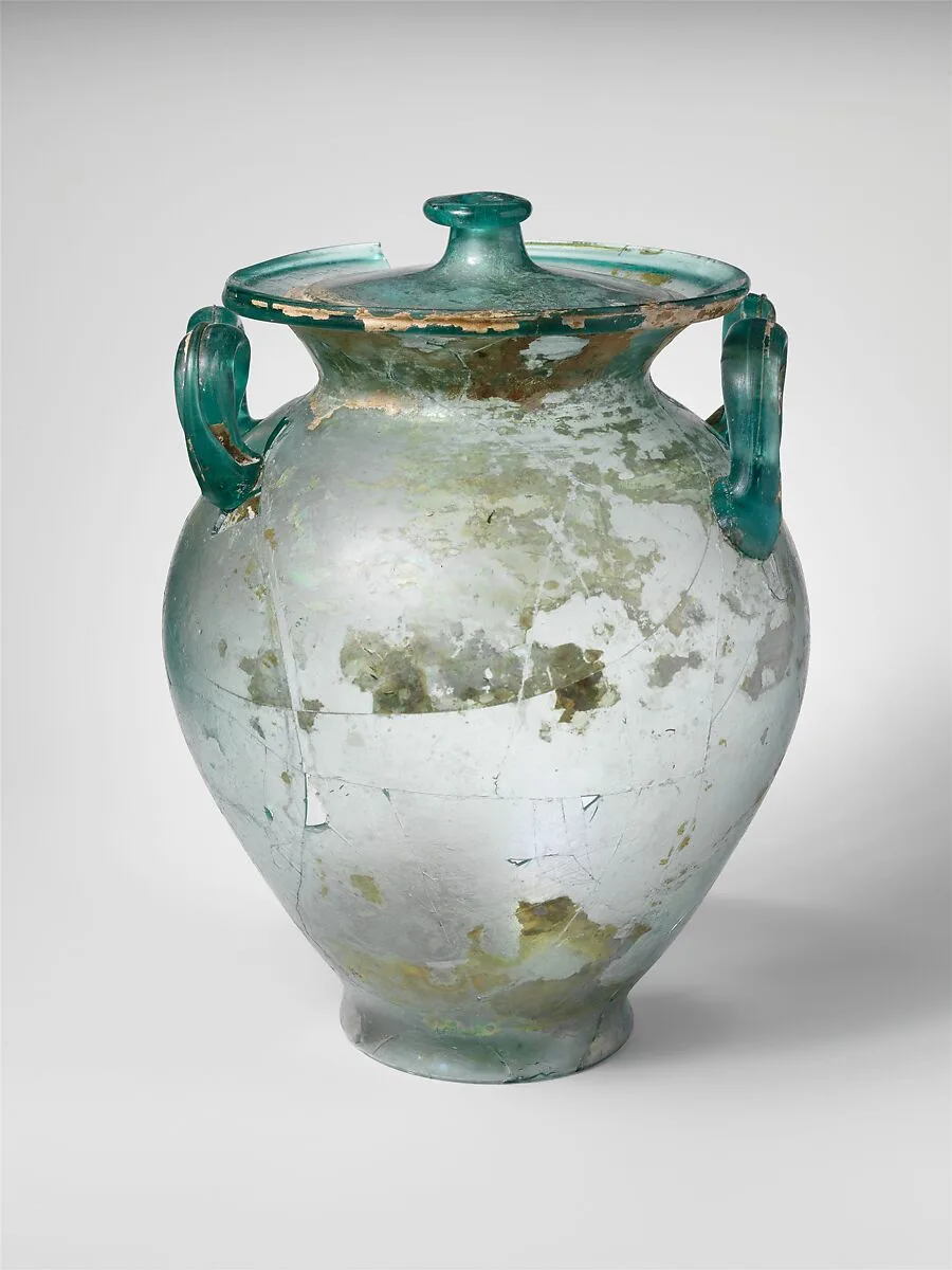 Glass cinerary urn with lid — Unknown