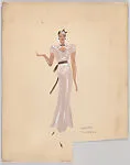 Drawing for a woman's theatrical costume with white lace and brown bows, possibly for Beatrice Lilly in 'At Home Abroad' — Vincente Minnelli