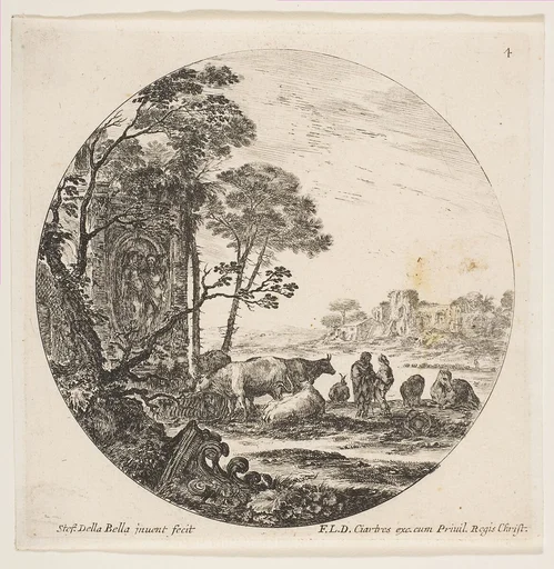 A Corinthian capital on the ground at left, a monument with figures in low relief at left in the middleground, various animals and two shepherds at right, plate 4 from "Roman landscapes and ruins" (Paysages et ruines de Rome)