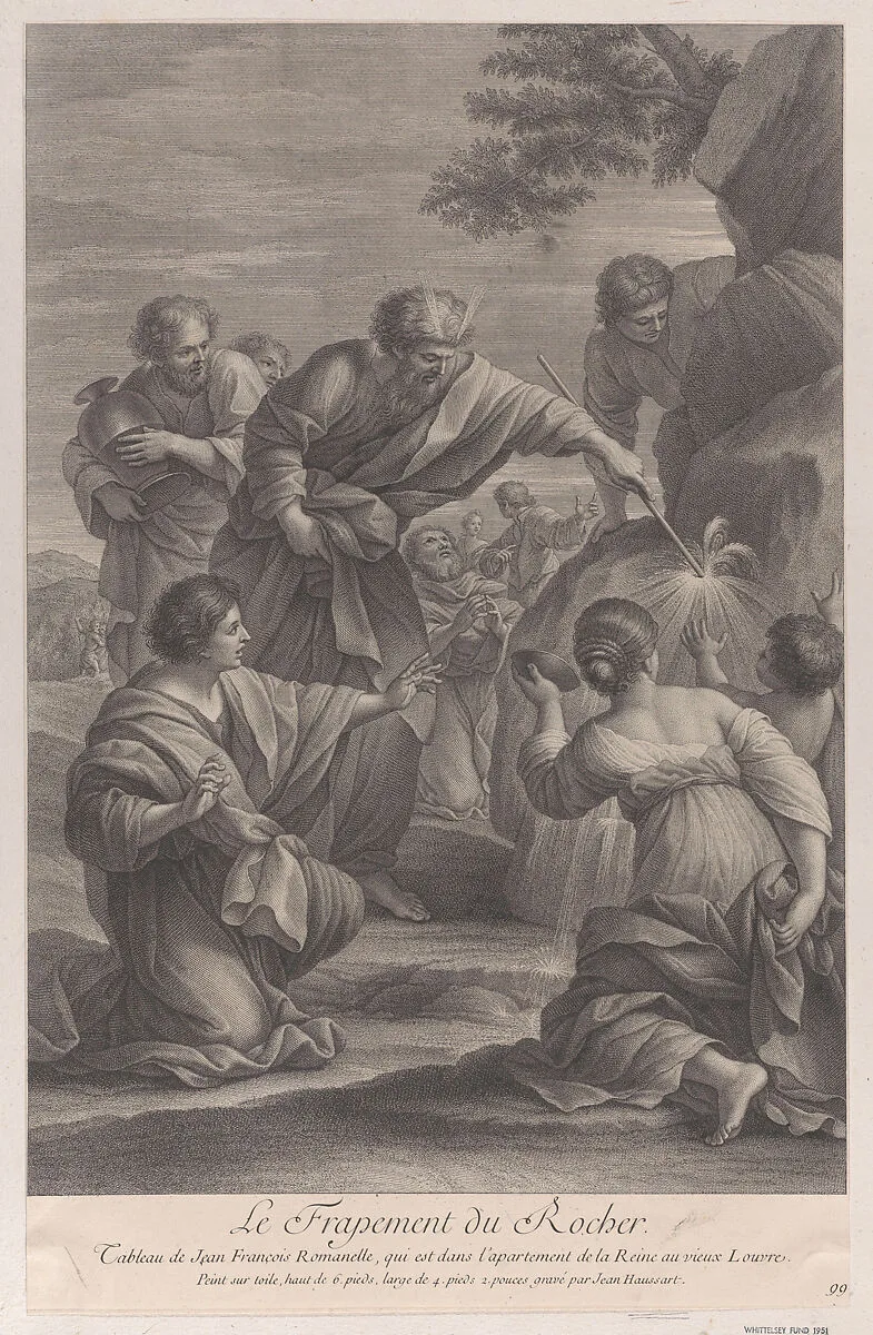 Moses striking the rock with a stick to bring forth water, while the Israelites look on in amazement — Giovanni Francesco Romanelli|Jean-Baptiste Haussard