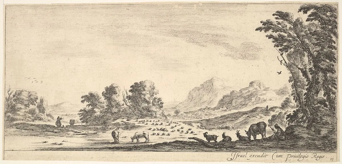 Plate 11: shepherdess seated to the right under a tree, watching her flock to the left, mountains to right in the background, from 'Various landscapes' (Divers paysages) — Stefano della Bella|Israël Henriet